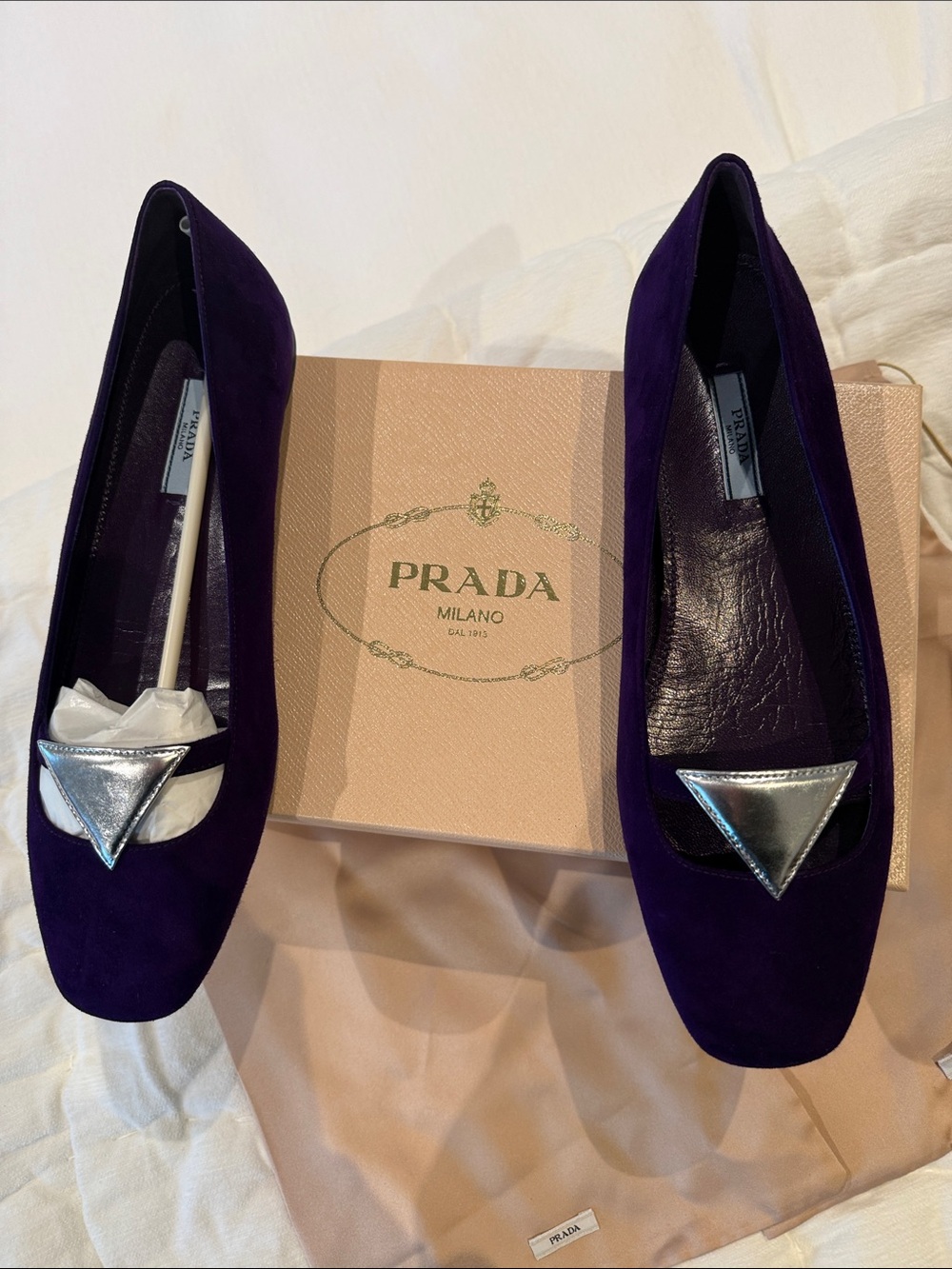 Prada Purple Suede Pointed-Toe Flats with Silver Triangle Accent - Picture 4 of 4